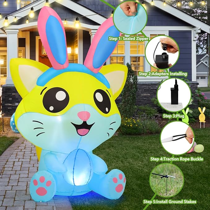 Goosh 5 FT Easter Inflatables Cat with Eggs Outdoor Decorations Blow Up Yard Rabbit Ears with Built-in LEDs for Indoor Party Garden Lawn Decor