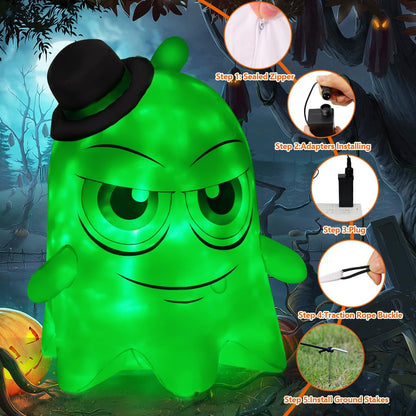 Goosh Halloween Inflatables 5 FT Green Light Ghost with Big Eyes Halloween Blow Ups Decorations with Built-in Rotating LED Lights for Holiday Party Indoor Outdoor Yard Garden Lawn