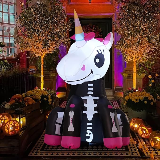 GOOSH 4 FT Halloween Inflatables Skeleton Unicorn Outdoor Decorations Blow Up Yard Pink Cute with Built-in LEDs for Indoor Party Garden Lawn Decor
