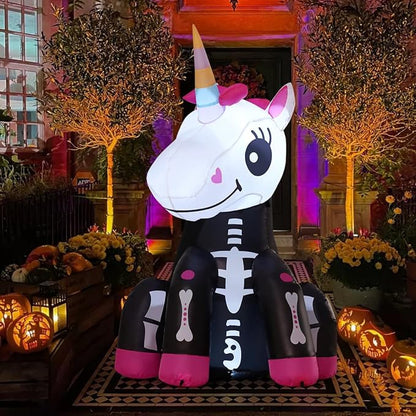 GOOSH 4 FT Halloween Inflatables Skeleton Unicorn Outdoor Decorations Blow Up Yard Pink Cute with Built-in LEDs for Indoor Party Garden Lawn Decor