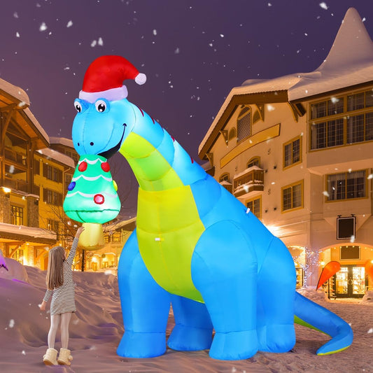 GOOSH 10FT Dinosaur with Christmas Tree Inflatable with LED Lights