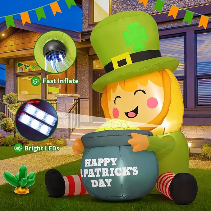GOOSH 5 FT St Patricks Day Inflatables Outdoor Decorations Blow Up Yard Giant Leprechaun with Gold Coin Pot with Built-in LEDs for Garden Lawn Indoor Party Decor