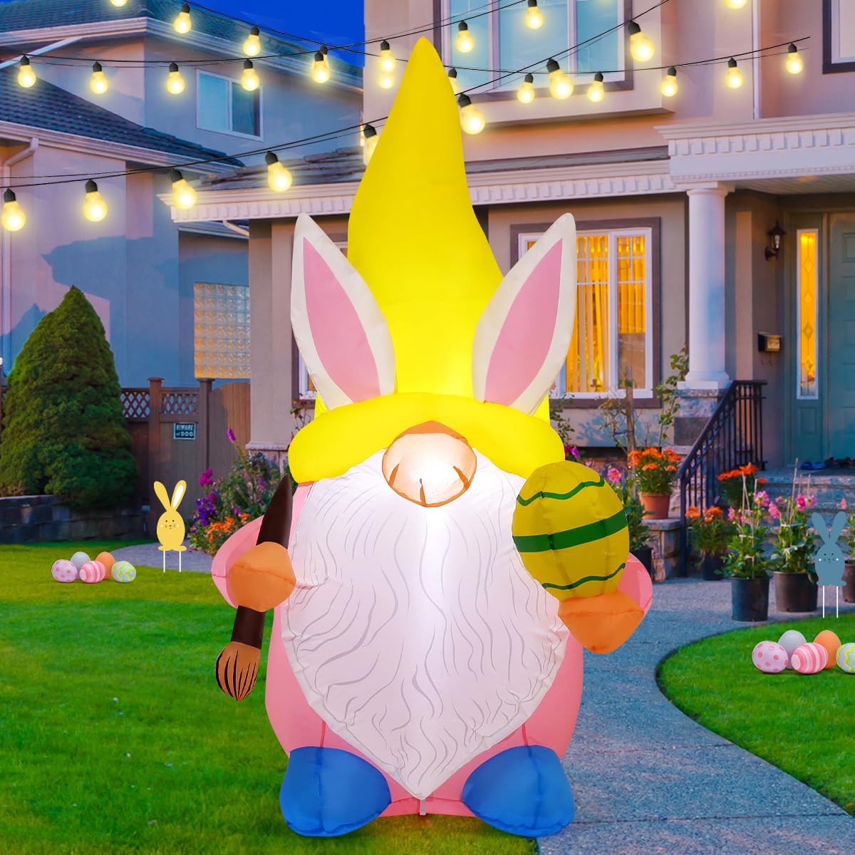 GOOSH 5 FT Easter Inflatable Gnome Outdoor Decorations Blow Up Yard Cute Gnome Wearing Bunny Hat Holding Eggs and Paintbrush Built-in LEDs Garden Lawn Indoor Decor