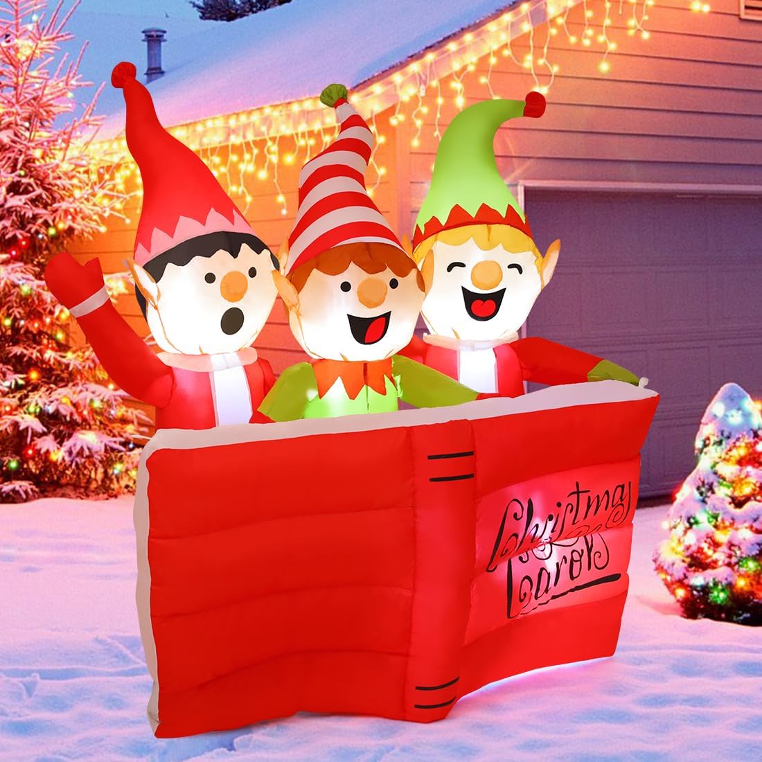 Goosh 5 FT Christmas Inflatables Elf Outdoor Decorations Blow Up Yard High Scripture Reading Book with Built-in LEDs for Indoor Party Garden Lawn Decor