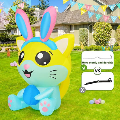 Goosh 5 FT Easter Inflatables Cat with Eggs Outdoor Decorations Blow Up Yard Rabbit Ears with Built-in LEDs for Indoor Party Garden Lawn Decor