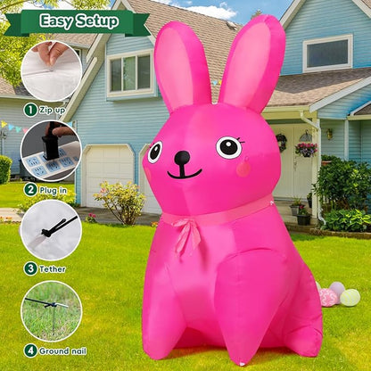GOOSH 5 FT Easter Inflatables Bunny Outdoor Decorations Blow Up Yard Cute Pink Rabbit with Built-in LEDs for Garden Lawn Indoor Decor