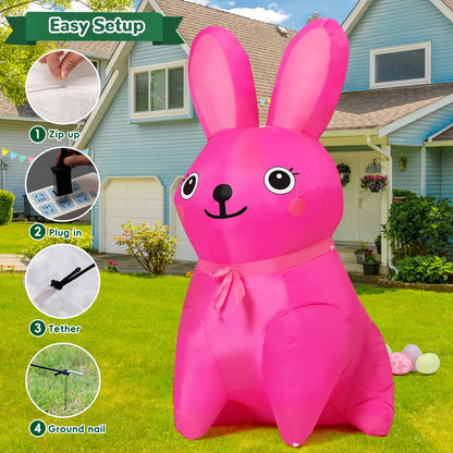 GOOSH 5 FT Easter Inflatables Bunny Outdoor Decorations Blow Up Yard Cute Pink Rabbit with Built-in LEDs for Garden Lawn Indoor Decor