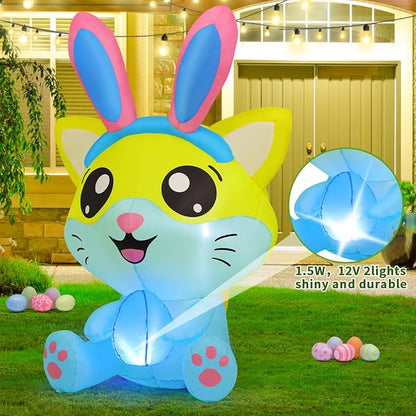 Goosh 5 FT Easter Inflatables Cat with Eggs Outdoor Decorations Blow Up Yard Rabbit Ears with Built-in LEDs for Indoor Party Garden Lawn Decor