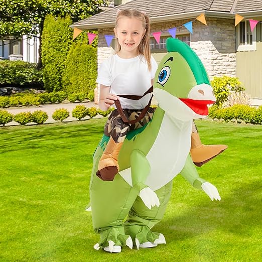 GOOSH Inflatable Dinosaur Costume Kids, Ride on Parasaurolophus Blow Up Dino Costume Green Funny Fancy Dress for Halloween