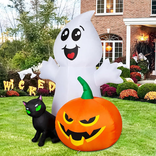 GOOSH Halloween Inflatable 5FT Ghost with Black Cat and Pumpkin, Built-in LEDs Blow Up Yard Decoration for Party Outdoor Yard Garden Lawn