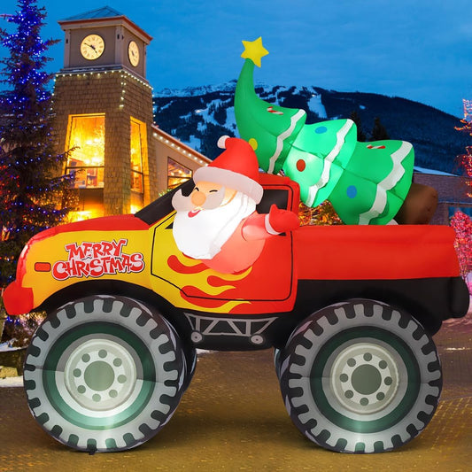 GOOSH 7.2FT Long Santa Truck with Christmas Tree Inflatable with LEDs