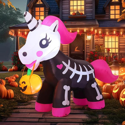 GOOSH 5 FT Halloween Inflatables Skeleton Unicorn Outdoor Decorations Blow Up Yard Pink Cute with Built-in LEDs for Indoor Party Garden Lawn Decor