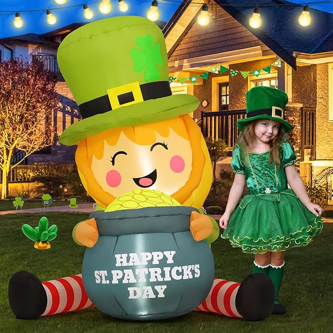 GOOSH 5 FT St Patricks Day Inflatables Outdoor Decorations Blow Up Yard Giant Leprechaun with Gold Coin Pot with Built-in LEDs for Garden Lawn Indoor Party Decor
