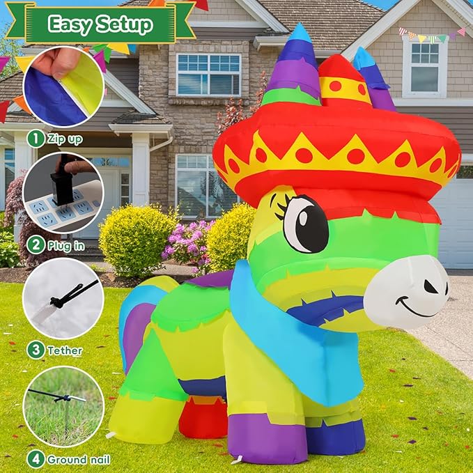 GOOSH 4 FT Cinco De Mayo Inflatables Horse Outdoor Decorations Blow Up Yard Colorful Mexican Fiesta Party Decoractions with Built-in LEDs for Garden Lawn Indoor Decor