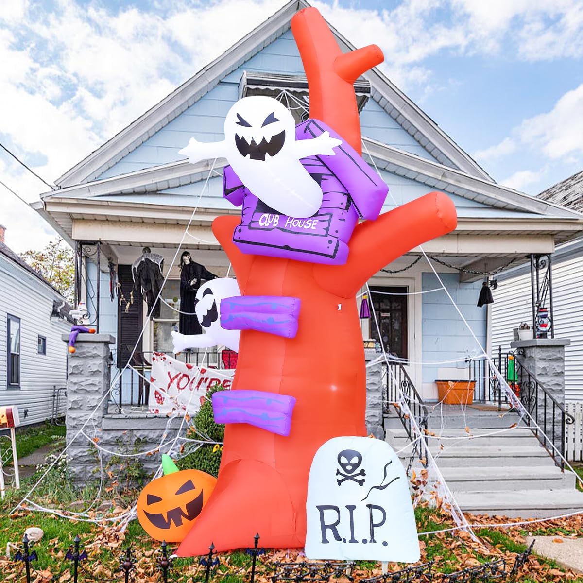 GOOSH 9 FT Halloween Inflatables Tree Outdoor Decorations Blow Up Yard Huge Tree with Pumpkin Tombstone with Built-in LEDs for Garden Lawn Indoor Party Decor