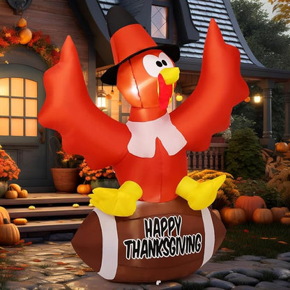 GOOSH 5 FT Thanksgiving Inflatables Turkey Outdoor Decorations Blow Up Yard Turkey with a Rugby with Built-in LEDs for Indoor Party Garden Lawn Decor