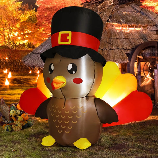 GOOSH 5FT Tall Thanksgiving Baby Turkey in Hat Inflatable with LED Lights