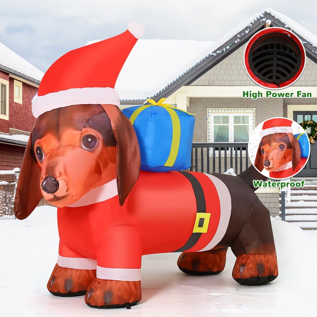 Goosh Inflatable Weiner Dog Lighted Blow Up Christmas Dachshund Dog Yard Decoration with Built in Fan and Anchor Ropes 6 Feet Long