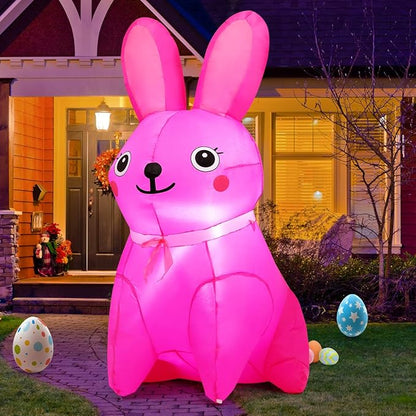GOOSH 5 FT Easter Inflatables Bunny Outdoor Decorations Blow Up Yard Cute Pink Rabbit with Built-in LEDs for Garden Lawn Indoor Decor
