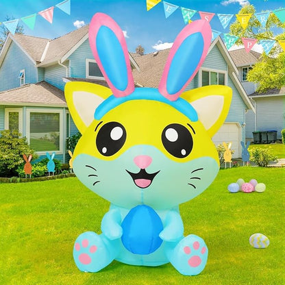 Goosh 5 FT Easter Inflatables Cat with Eggs Outdoor Decorations Blow Up Yard Rabbit Ears with Built-in LEDs for Indoor Party Garden Lawn Decor