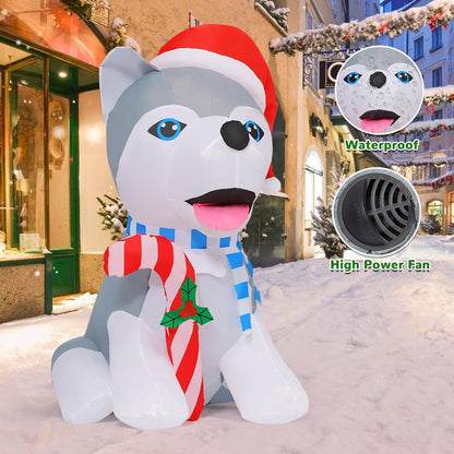 GOOSH 4 FT Christmas Inflatables Dog Outdoor Decorations Blow Up Husky Dogs Holding Candy Cane with Built-in LEDs for Xmas Party Indoor Garden Lawn Decor