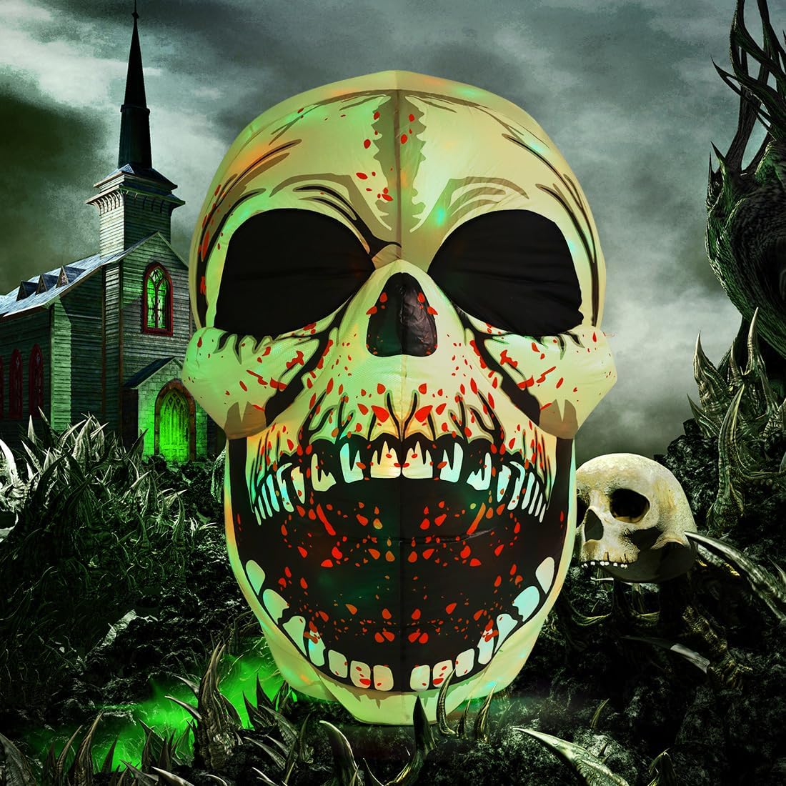GOOSH 4 FT Halloween Inflatables Skull Outdoor Decorations Blow Up Yard Scary Colorful Dimming Skull with Built-in Magic LEDs for Garden Lawn Indoor Party Decor