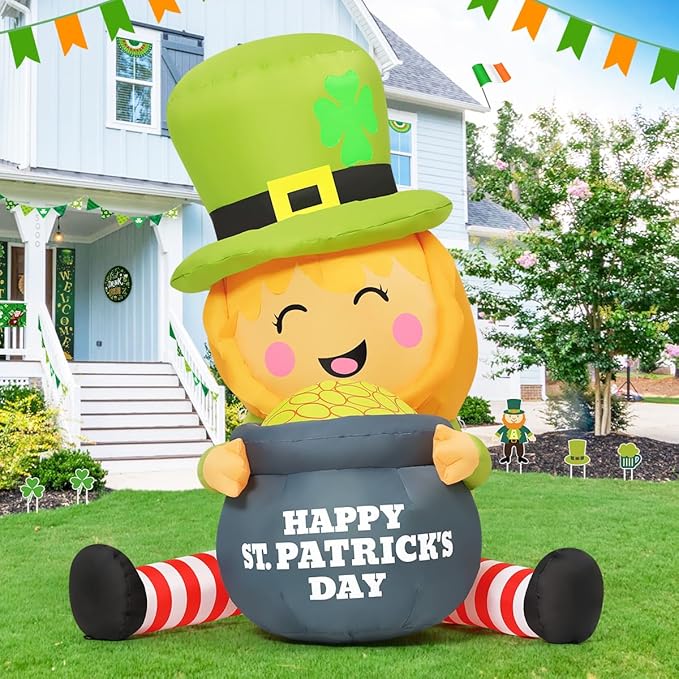 GOOSH 5 FT St Patricks Day Inflatables Outdoor Decorations Blow Up Yard Giant Leprechaun with Gold Coin Pot with Built-in LEDs for Garden Lawn Indoor Party Decor
