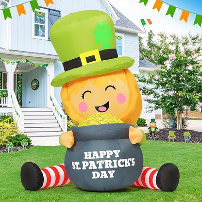 GOOSH 5 FT St Patricks Day Inflatables Outdoor Decorations Blow Up Yard Giant Leprechaun with Gold Coin Pot with Built-in LEDs for Garden Lawn Indoor Party Decor