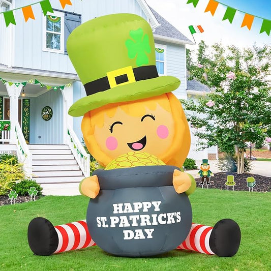GOOSH 5 FT St Patricks Day Inflatables Outdoor Decorations Blow Up Yard Giant Leprechaun with Gold Coin Pot with Built-in LEDs for Garden Lawn Indoor Party Decor