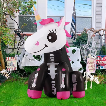 GOOSH 4 FT Halloween Inflatables Skeleton Unicorn Outdoor Decorations Blow Up Yard Pink Cute with Built-in LEDs for Indoor Party Garden Lawn Decor