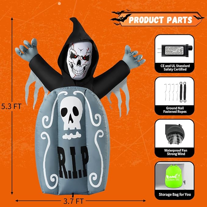 Goosh 5.3 FT Halloween Inflatables Ghost Tombstone Outdoor Decorations,Blow ups Scary Halloween Inflatable with Built-in LED Light for Party Indoor Yard Lawn Decor