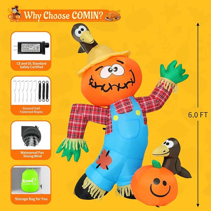 Goosh 6 FT Thanksgiving Inflatable Decorations Crow Fall Harvest Pumpkin Scarecrow with Built-in LED Lights Blow Up Outdoor Inflatable for Party Yard Garden Lawn