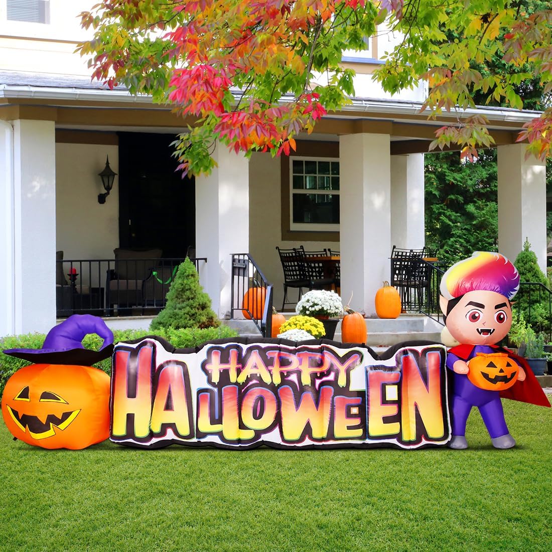 GOOSH 11.5 FT Happy Halloween Inflatables Outdoor Decorations Vampire with Pumpkin Halloween Blow Up Yard Decorations Long with LED Lights Holiday for Halloween Party Yard Garden Lawn