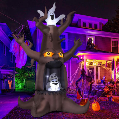GOOSH 9 FT Halloween Inflatable Animated Dead Tree Outdoor Decorations Blow Up Yard Scary Tree and White Ghost with Built-in LEDs for Outdoor Garden Lawn Party Decor (Tree Ghost)