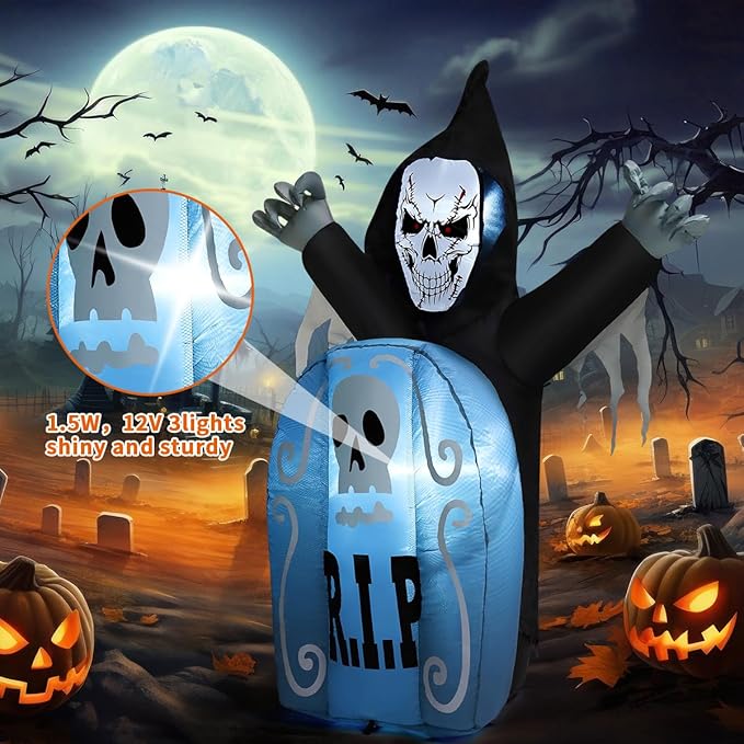 Goosh 5.3 FT Halloween Inflatables Ghost Tombstone Outdoor Decorations,Blow ups Scary Halloween Inflatable with Built-in LED Light for Party Indoor Yard Lawn Decor