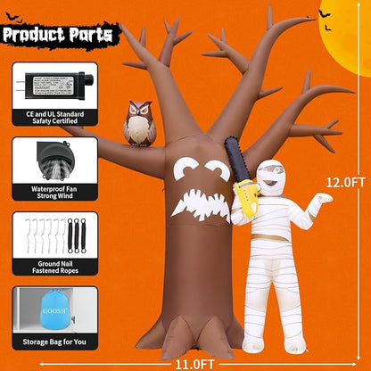 GOOSH 12 FT Halloween Inflatables Dead Tree with Mummy Outdoor Decorations Dead Tree Blow Up Yard Mummy Inflatables Holiday Inflatables for Outdoor Yard Garden Lawn Decor