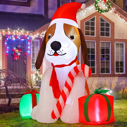GOOSH 5 FT Christmas Inflatables Dog Outdoor Decorations Blow Up Dogs with Gift Box with Built-in LEDs for Xmas Party Indoor Garden Lawn Decor