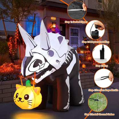 GOOSH 6.5 FT Long Halloween Inflatables Dinosaur Outdoor Decorations Blow Up Yard Scary Skeleton Triceratops with Built-in LEDs for Indoor Party Garden Lawn Decor