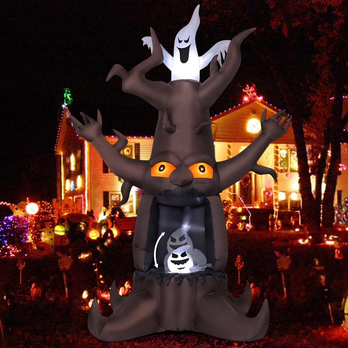 GOOSH 9 FT Halloween Inflatable Animated Dead Tree Outdoor Decorations Blow Up Yard Scary Tree and White Ghost with Built-in LEDs for Outdoor Garden Lawn Party Decor (Tree Ghost)