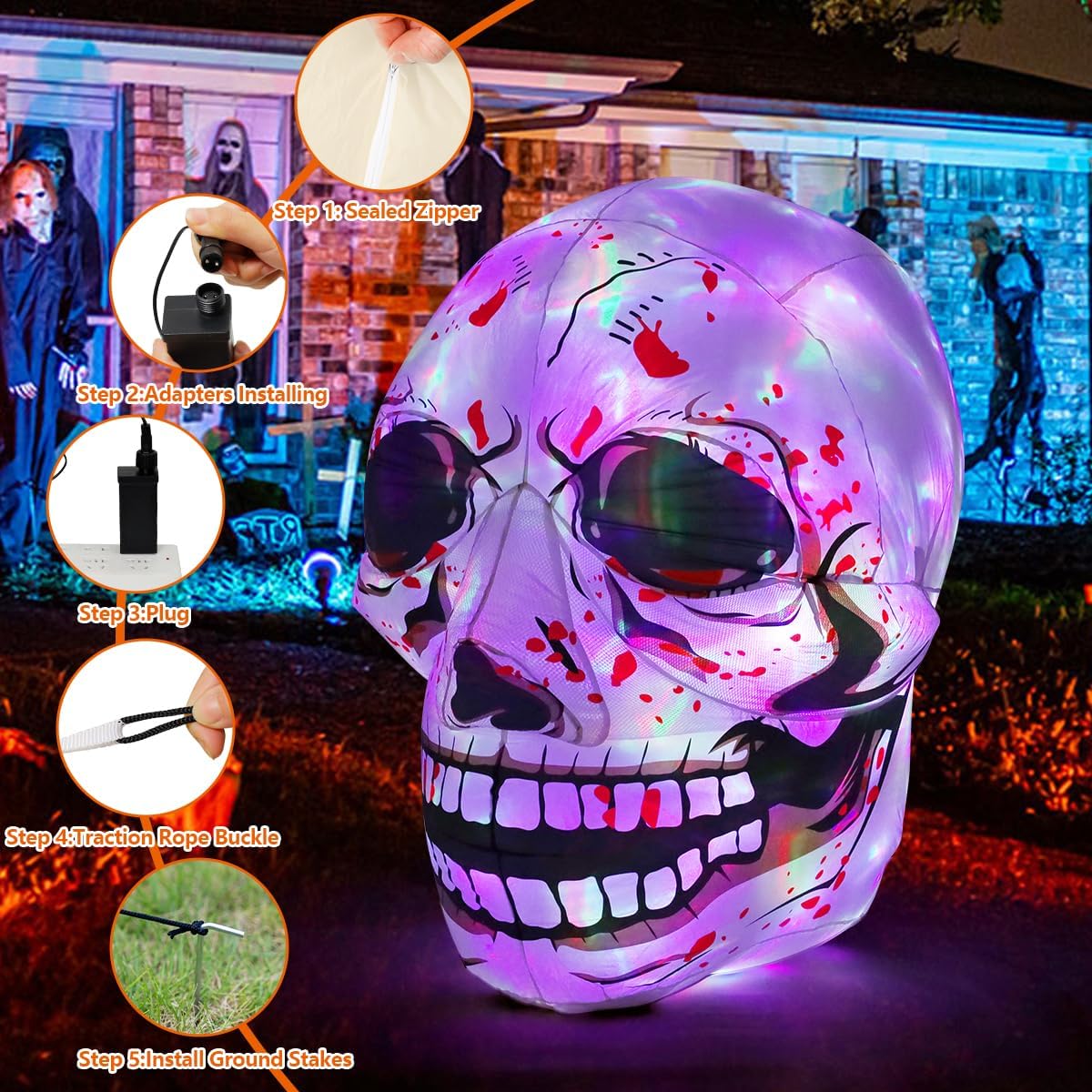 Goosh 3.6 FT Halloween Inflatables Skull Outdoor Decorations Blow Up Yard Scary Colorful Skeleton Skull with Built-in Changeable LEDs for Garden Lawn Indoor Party Decor
