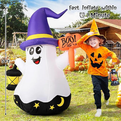 GOOSH 5 FT Halloween Inflatables Ghost Outdoor Decorations Blow Up Yard Cute Wizard Ghost with Hand-Held Light with Built-in LEDs for Garden Lawn Indoor Party Decor