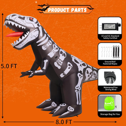 Goosh 8 FT Long Halloween Inflatables Outdoor Decorations, Blow Up Dinosaur Skeleton with Built-in LEDs for Halloween Indoor Outdoor Yard Lawn Garden Decorations
