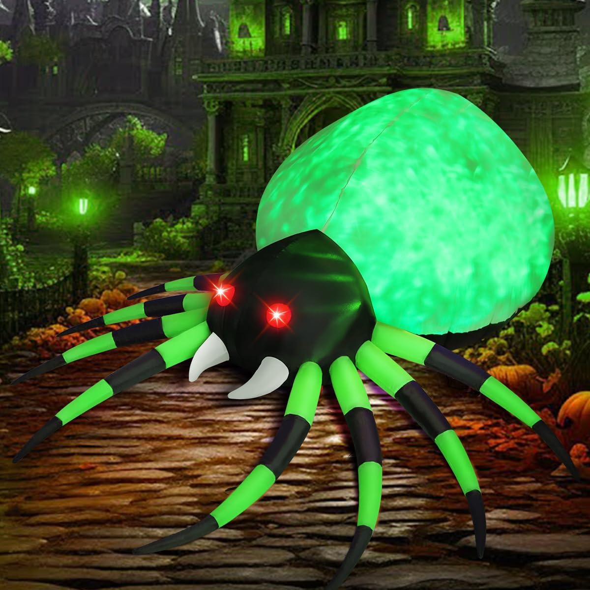 GOOSH 8ft Light-Up Inflatable Green Spider Halloween Yard Decoration