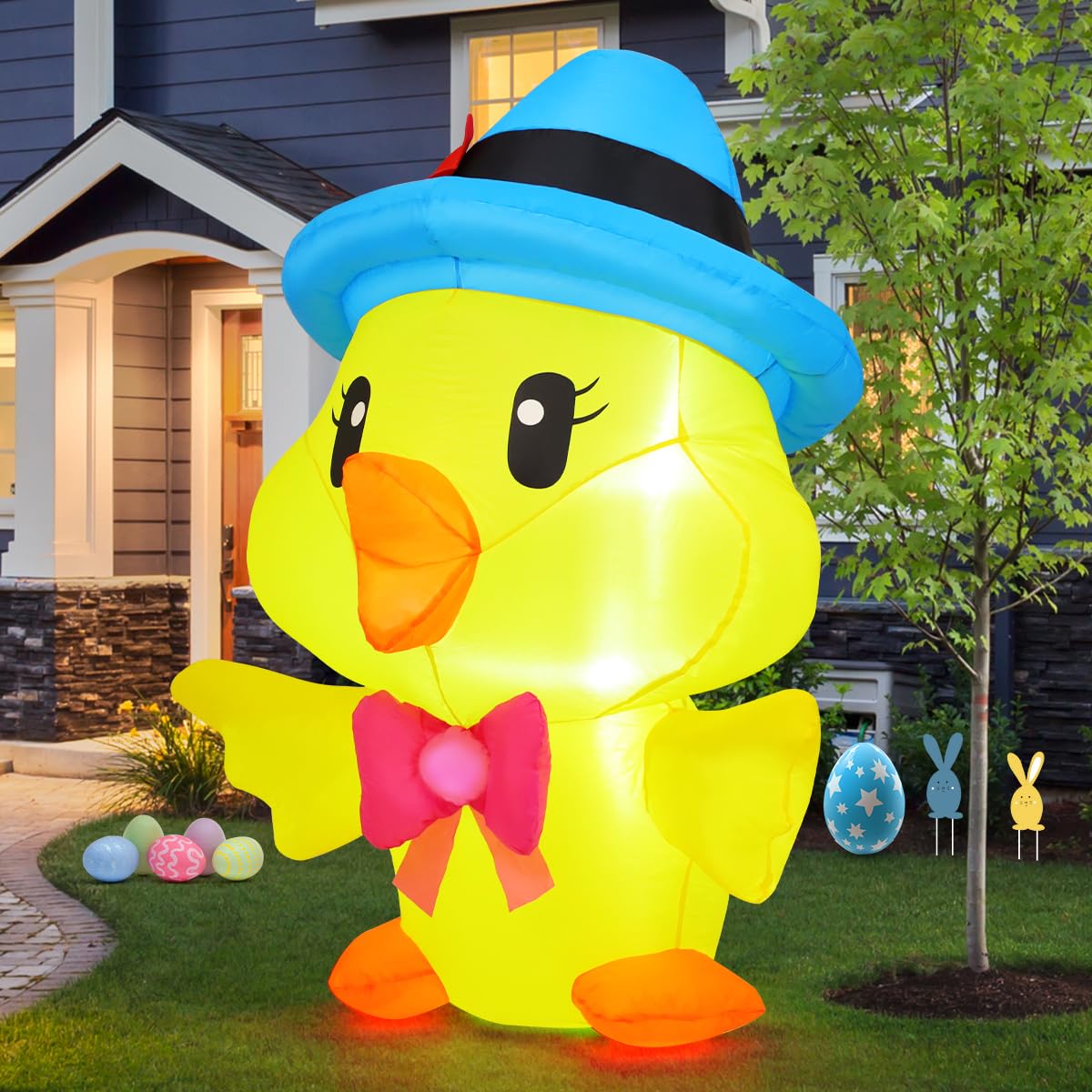 GOOSH 5.2 FT Easter Inflatables Chicken Outdoor Decorations Blow Up Yard with The Blue Hat with Built-in LEDs for Indoor Party Garden Lawn Decor