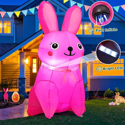 GOOSH 5 FT Easter Inflatables Bunny Outdoor Decorations Blow Up Yard Cute Pink Rabbit with Built-in LEDs for Garden Lawn Indoor Decor