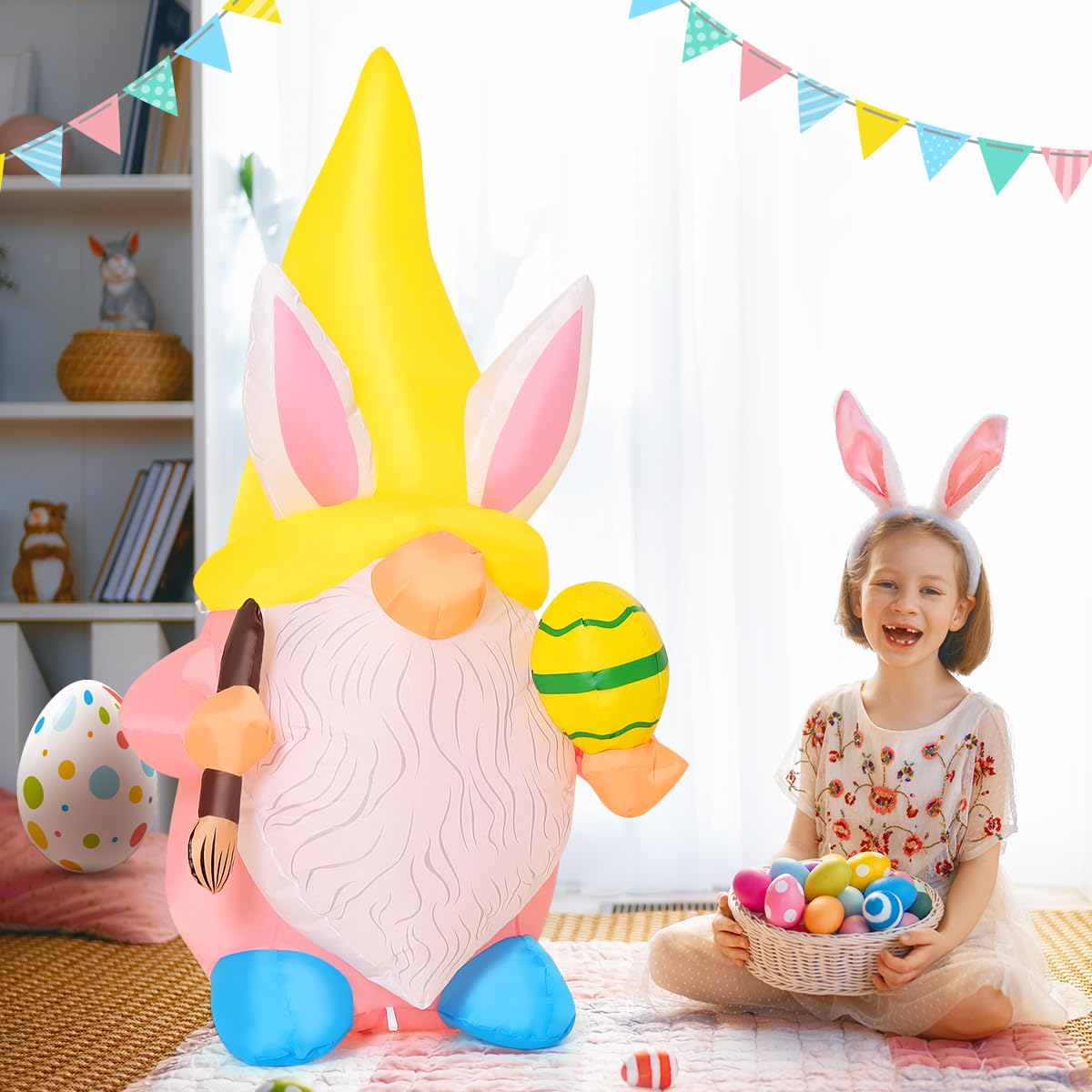 GOOSH 5 FT Easter Inflatable Gnome Outdoor Decorations Blow Up Yard Cute Gnome Wearing Bunny Hat Holding Eggs and Paintbrush Built-in LEDs Garden Lawn Indoor Decor