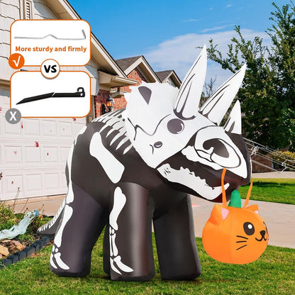 GOOSH 6.5 FT Long Halloween Inflatables Dinosaur Outdoor Decorations Blow Up Yard Scary Skeleton Triceratops with Built-in LEDs for Indoor Party Garden Lawn Decor