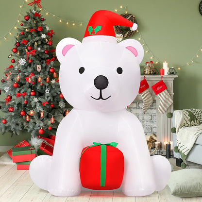 GOOSH 5 Ft Christmas Inflatable Bear Outdoor Decorations Blow Up Yard A White Bear Holding a Present with Built-in LEDs for Indoor Party Garden Lawn Decor