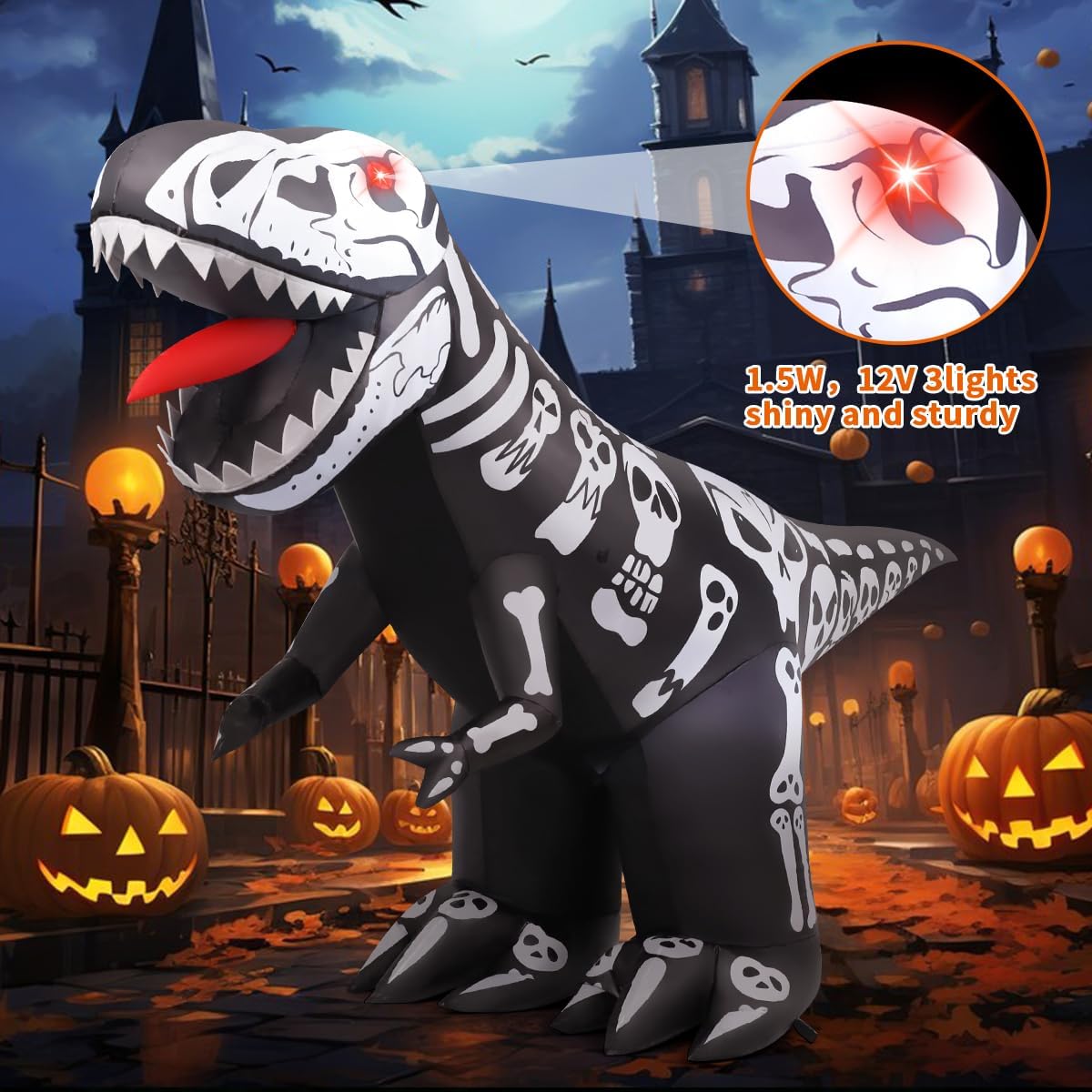 Goosh 8 FT Long Halloween Inflatables Outdoor Decorations, Blow Up Dinosaur Skeleton with Built-in LEDs for Halloween Indoor Outdoor Yard Lawn Garden Decorations