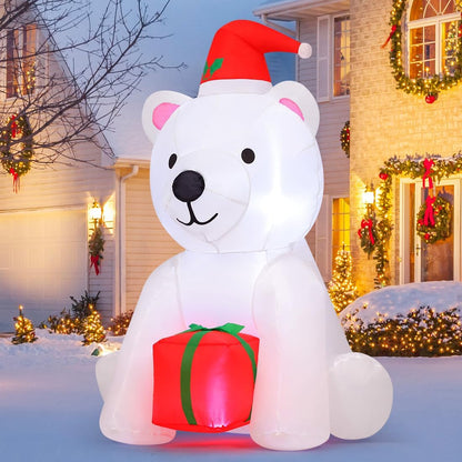 GOOSH 5 Ft Christmas Inflatable Bear Outdoor Decorations Blow Up Yard A White Bear Holding a Present with Built-in LEDs for Indoor Party Garden Lawn Decor